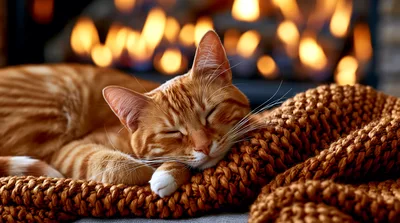 Orange Tabby Cat Sleeping On A Knitted Blanket