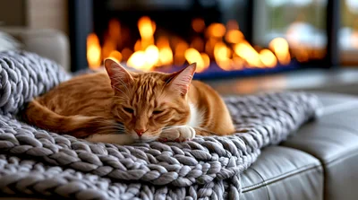 Ginger Tabby Cat Sleeping On A Chunky Knit Blanket