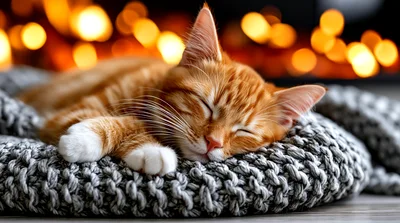 Sleeping Ginger Tabby Kitten On A Knitted Blanket