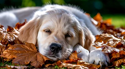 Golden Retriever Puppy Sleeping In Autumn Leaves