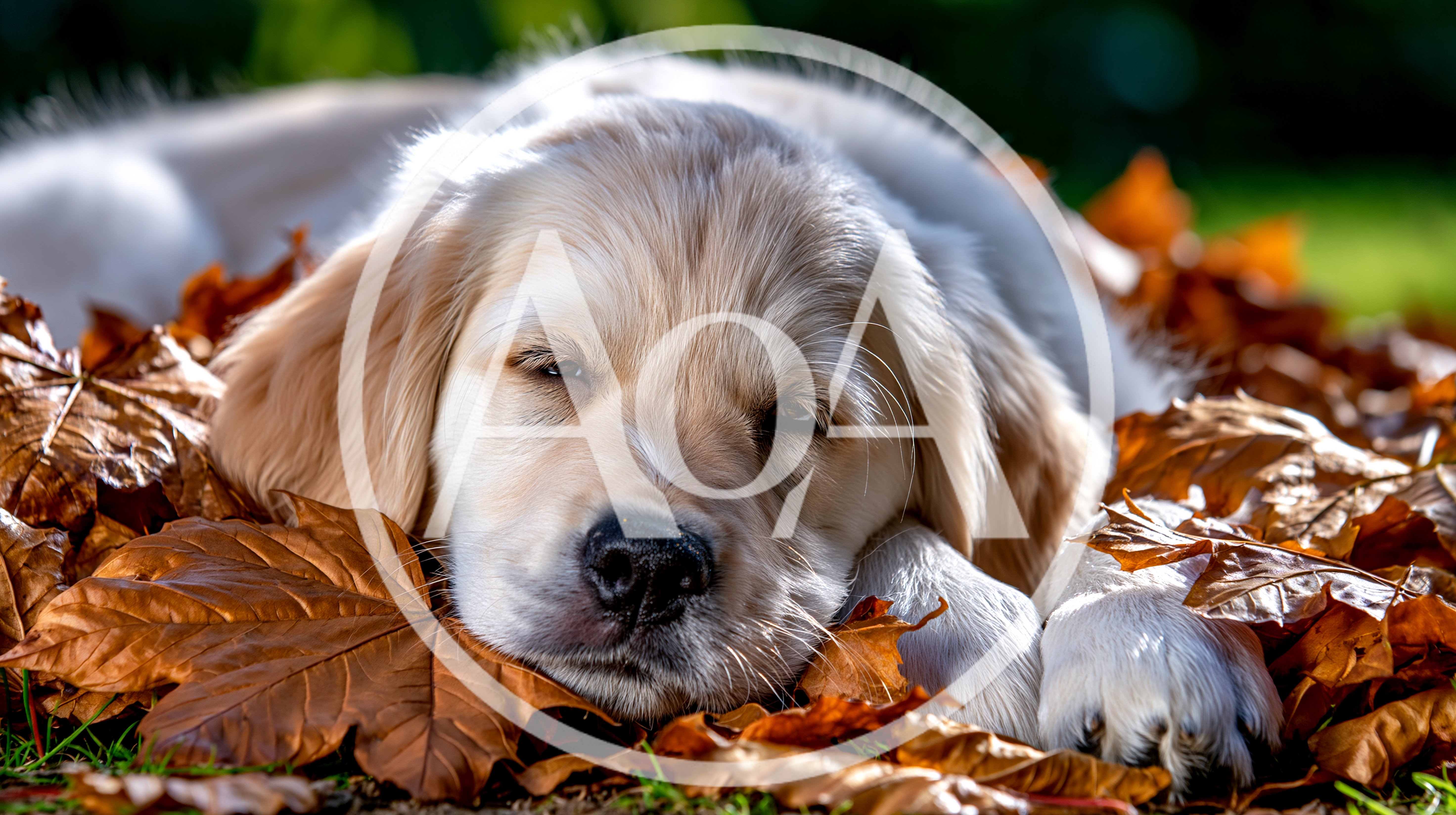 Golden Retriever Puppy Sleeping In Autumn Leaves