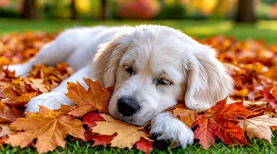 Golden Retriever Puppy Resting In Autumn Leaves