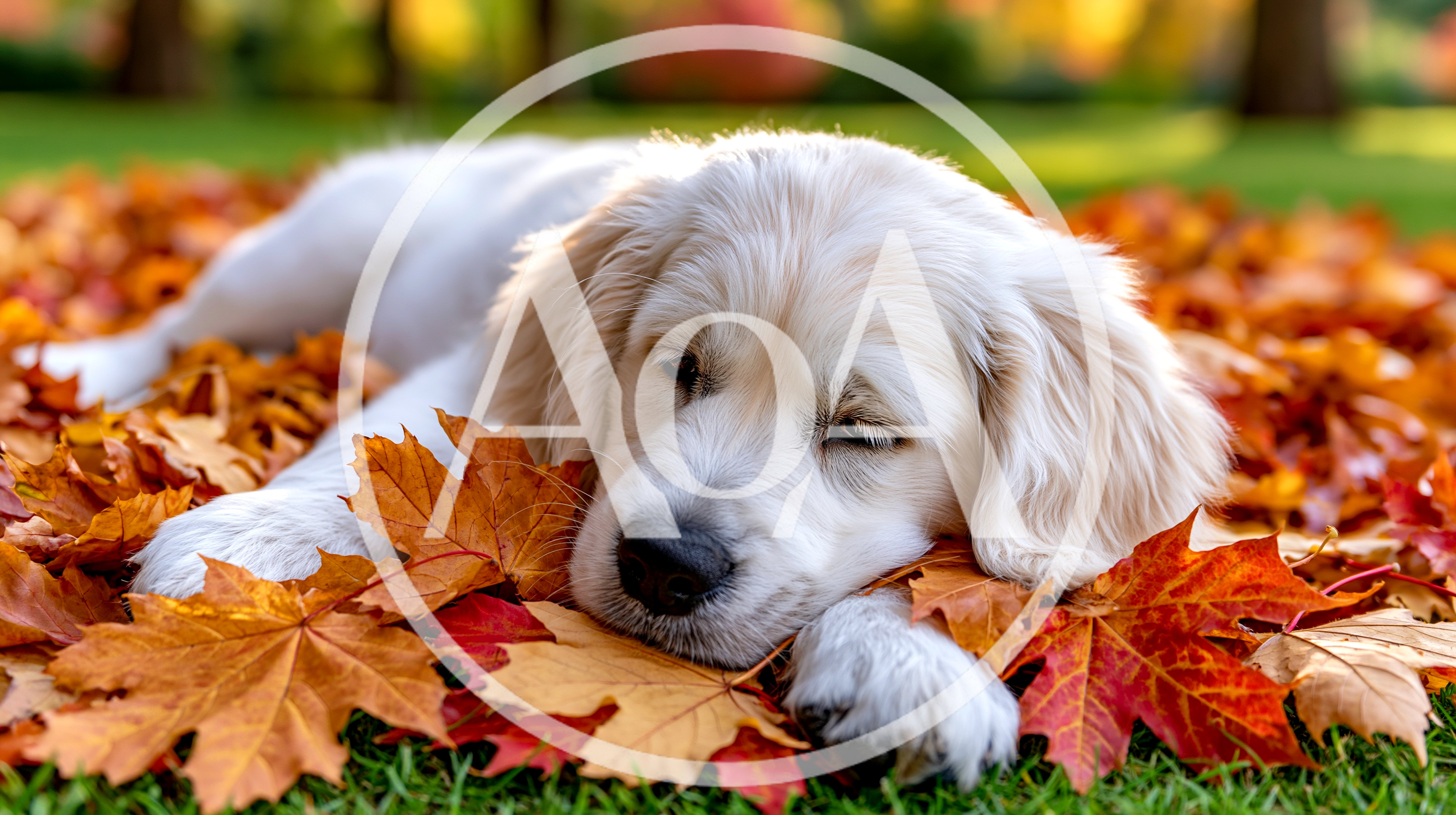 Golden Retriever Puppy Resting In Autumn Leaves