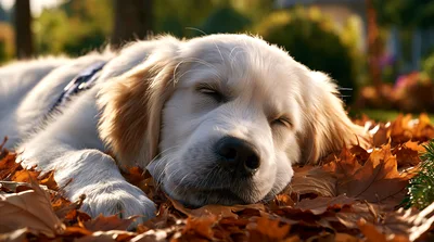 Golden Retriever Puppy Sleeping In Autumn Leaves