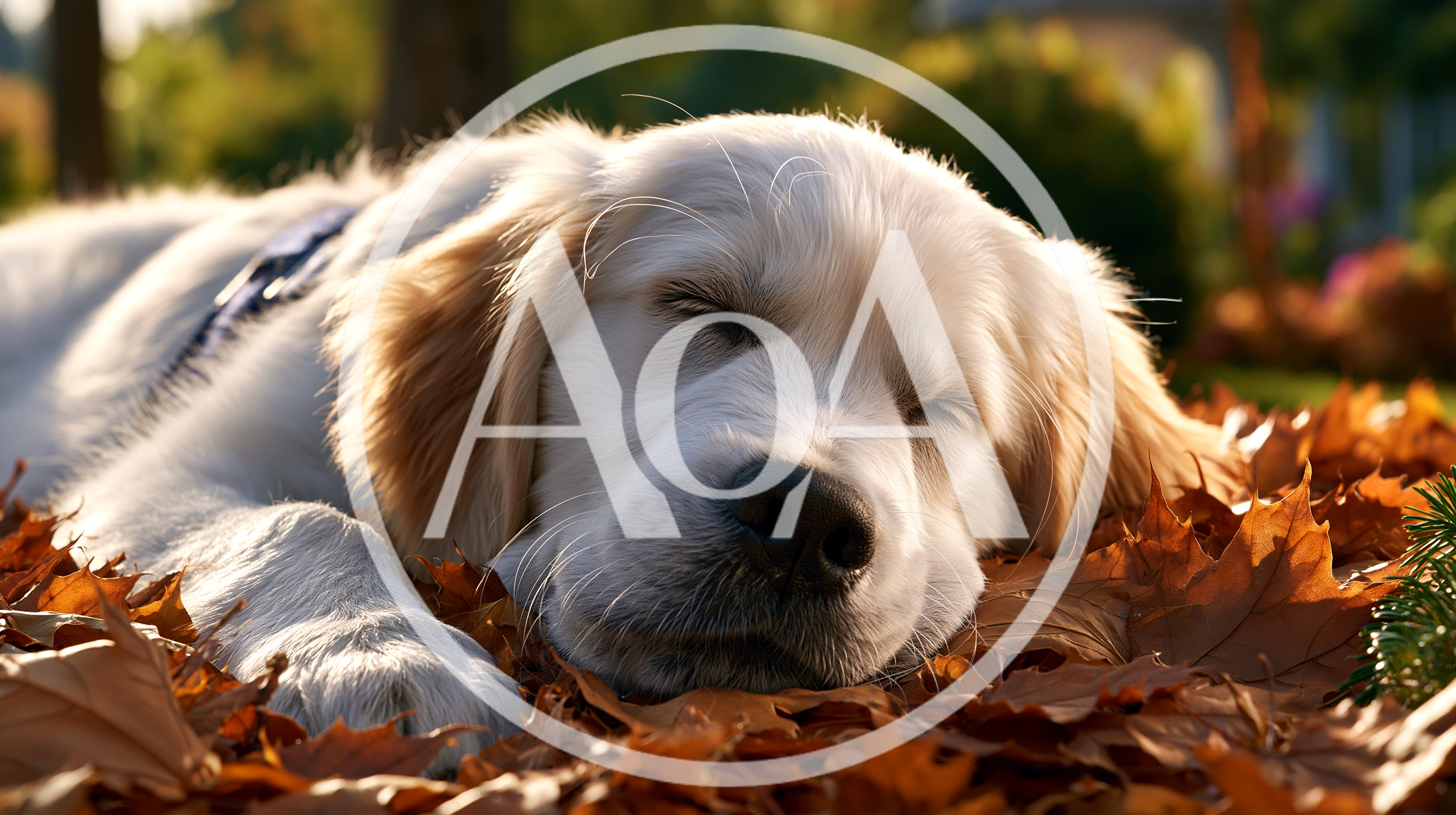 Golden Retriever Puppy Sleeping In Autumn Leaves