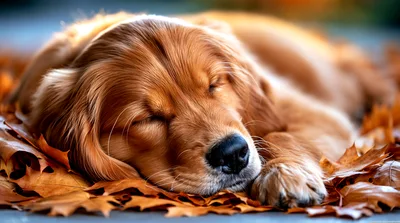 Golden Retriever Sleeping Peacefully On Autumn Leaves