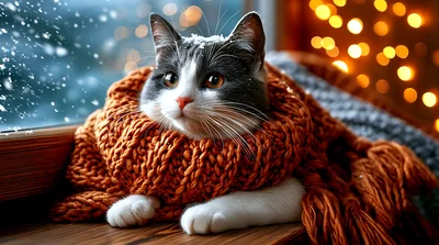 Cute Cat Wearing A Knitted Scarf By A Window