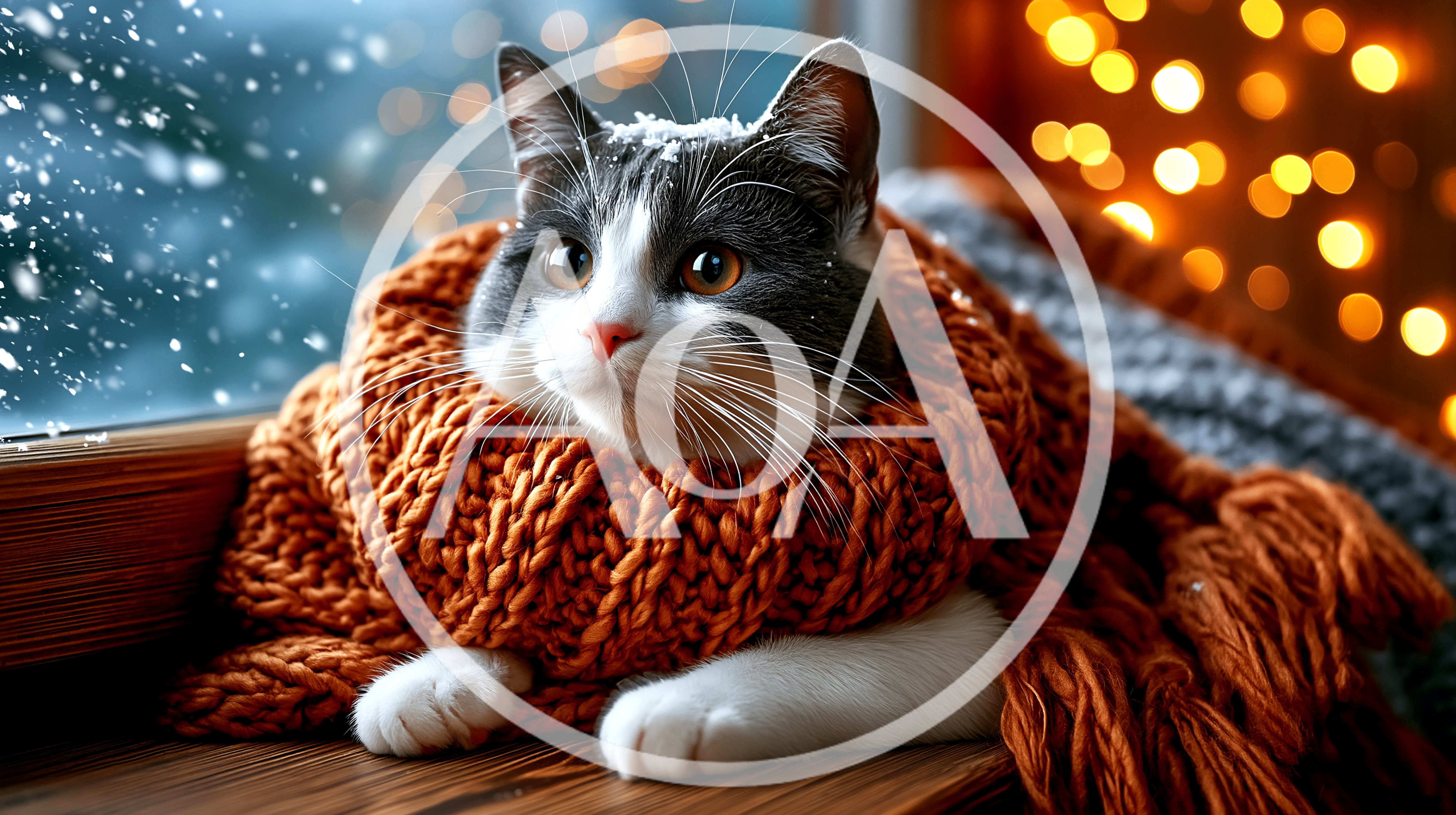 Cute Cat Wearing A Knitted Scarf By A Window