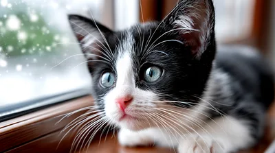 Black and White Kitten Watching Snowfall Through Window