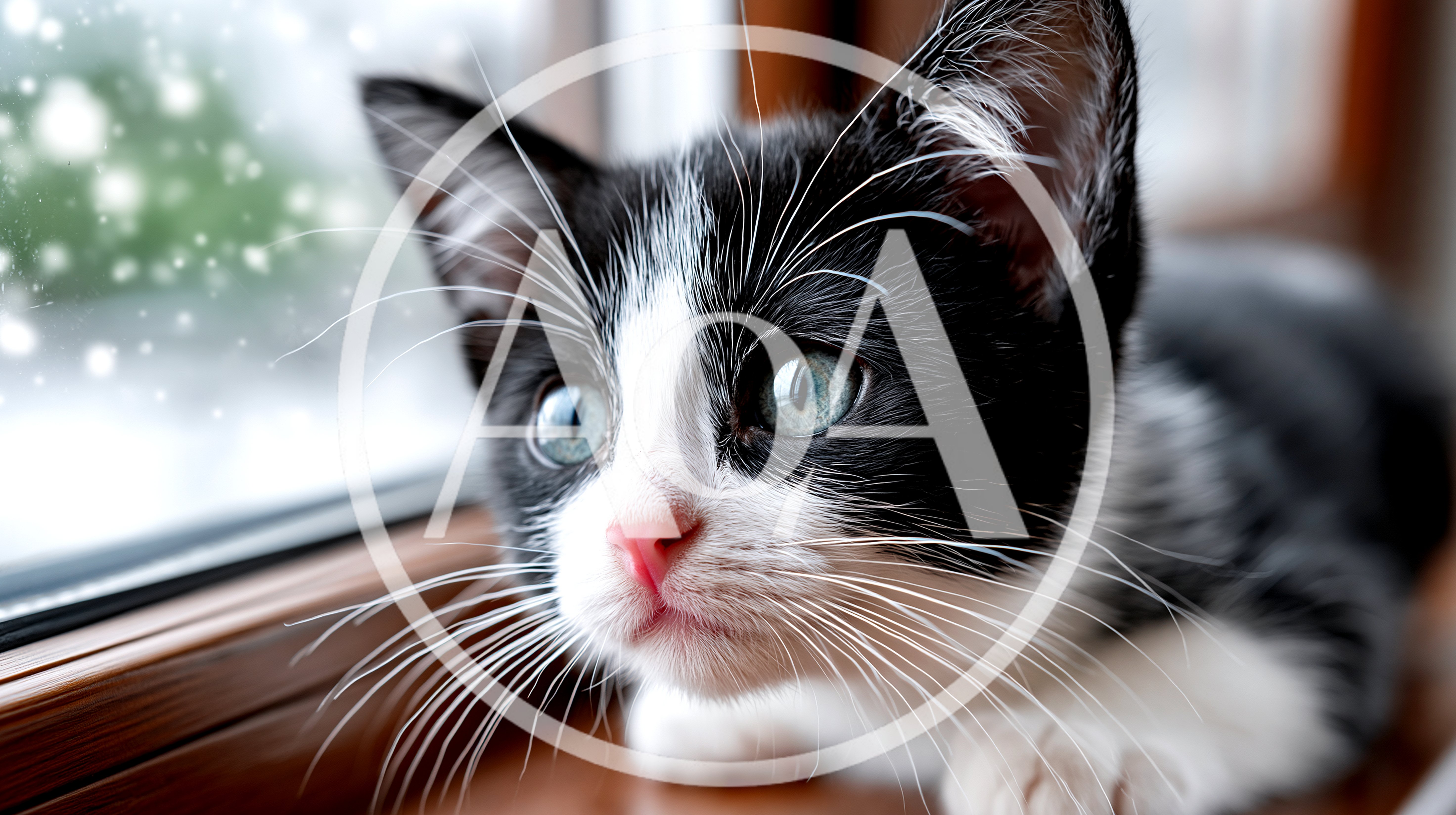 Black and White Kitten Watching Snowfall Through Window