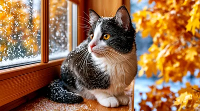 Black and White Cat Sitting on Snowy Window Sill