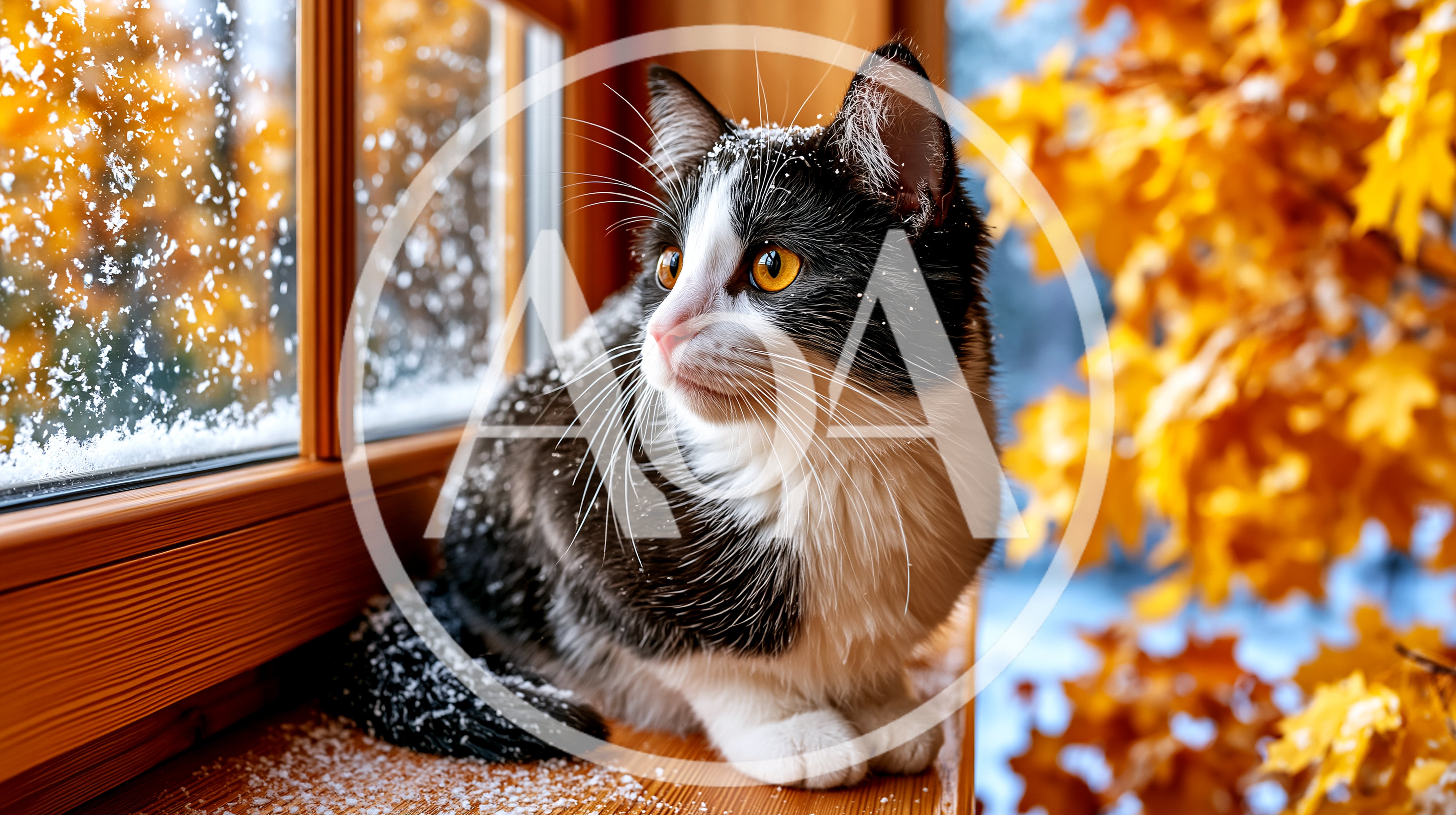 Black and White Cat Sitting on Snowy Window Sill