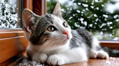 Cute Tabby Kitten Watching Snowfall Through A Window