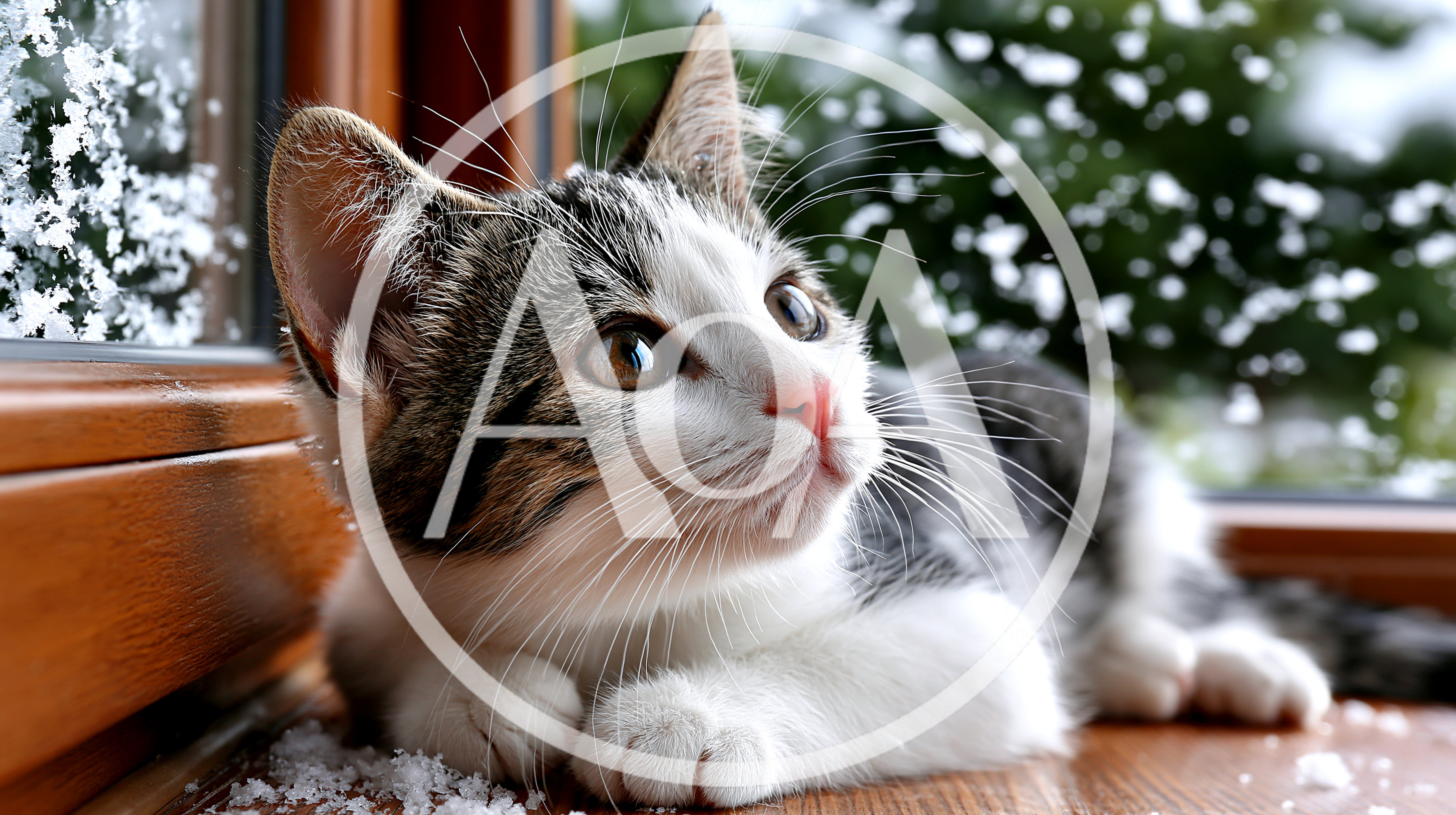 Cute Tabby Kitten Watching Snowfall Through A Window