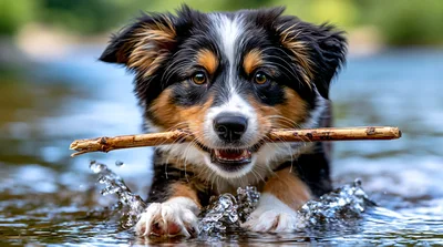 Australian Shepherd Puppy Playing With Stick In Water