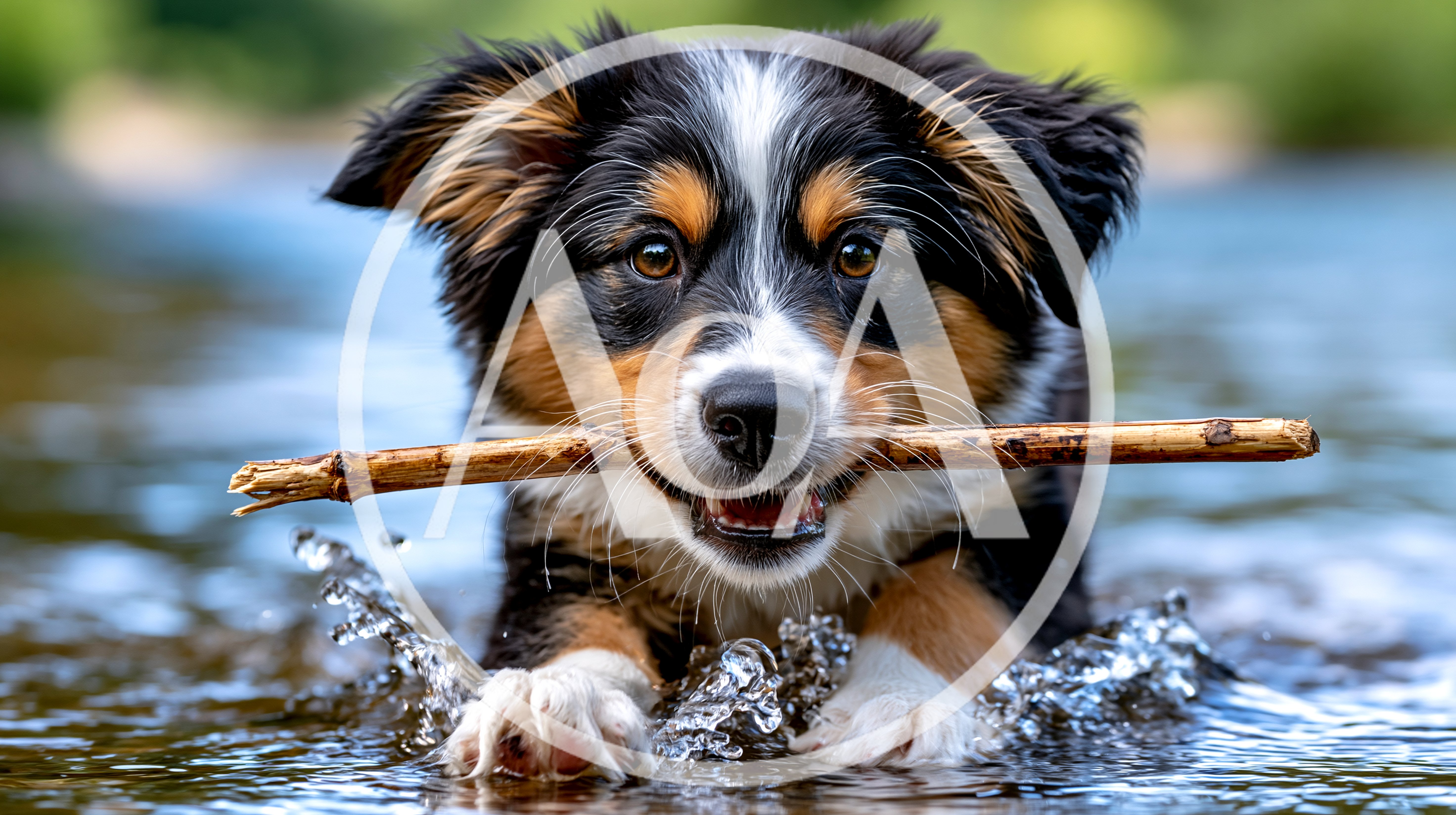 Australian Shepherd Puppy Playing With Stick In Water