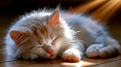Fluffy White And Ginger Kitten Sleeping On Wooden Floor