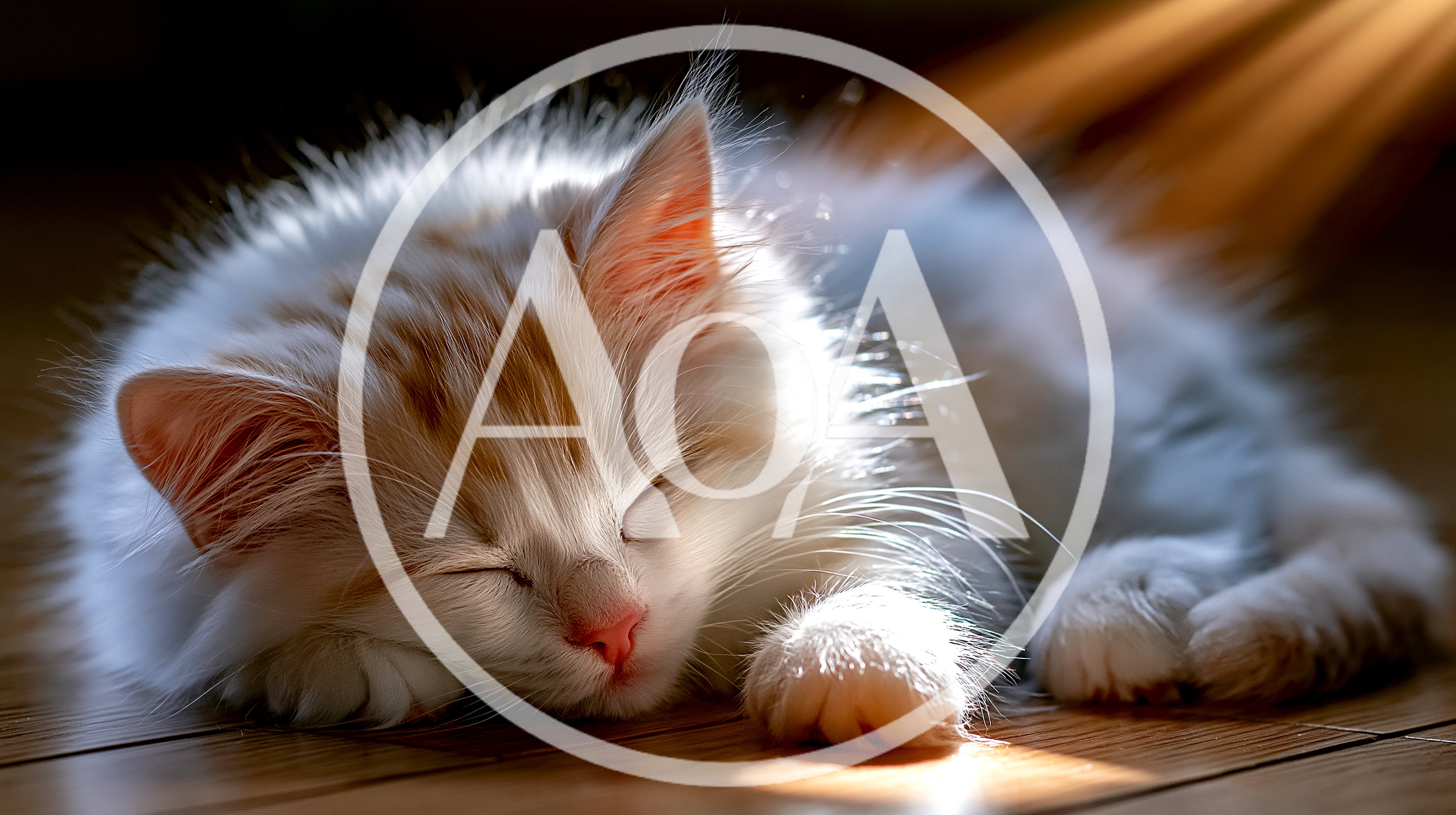 Fluffy White And Ginger Kitten Sleeping On Wooden Floor
