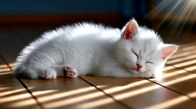 Adorable White Kitten Sleeping On Wooden Floor