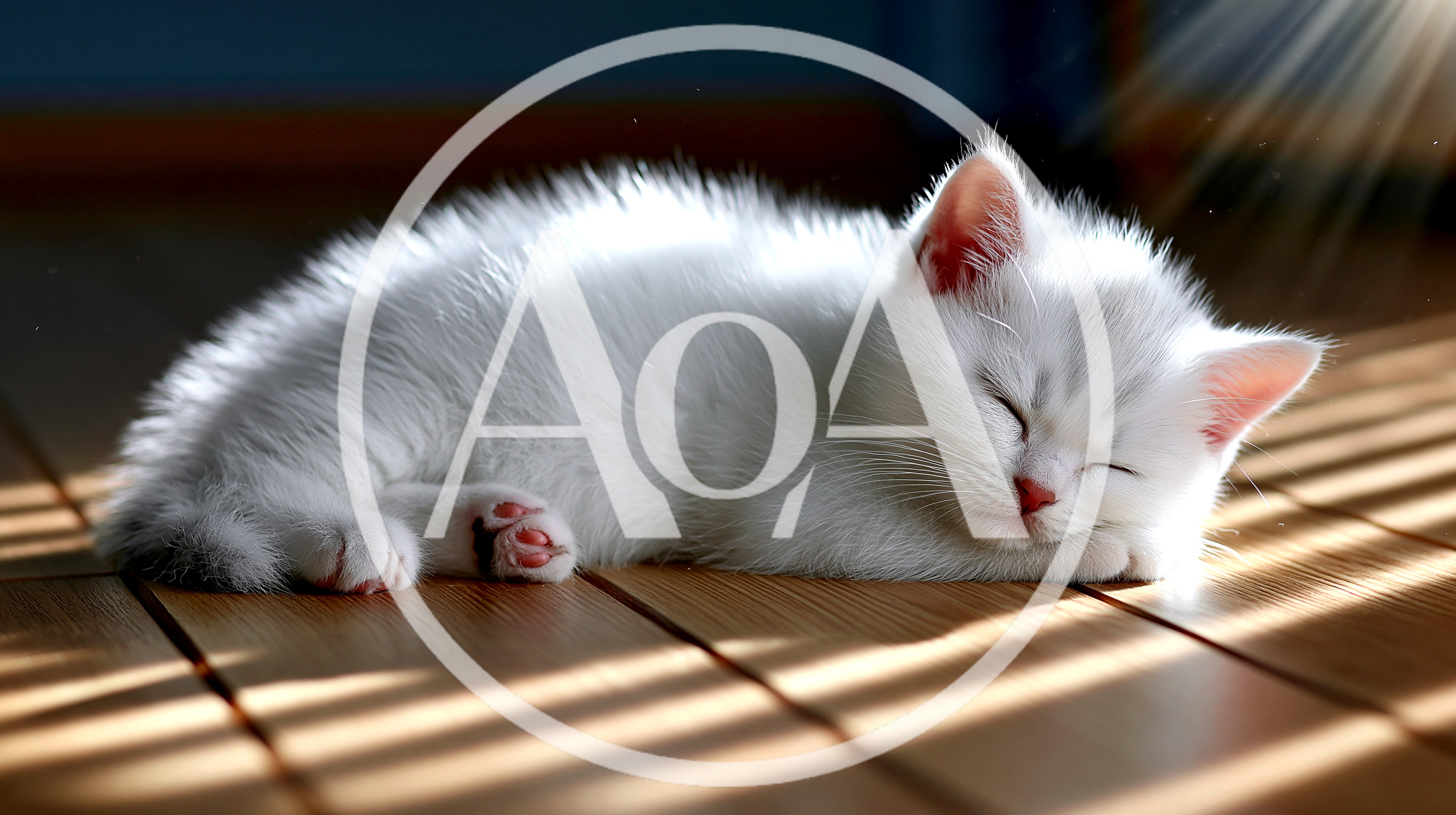 Adorable White Kitten Sleeping On Wooden Floor