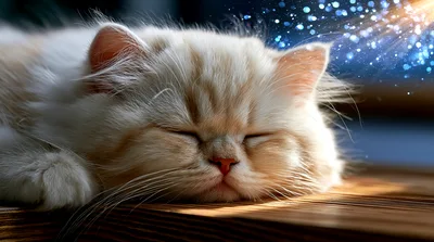 Sleeping Fluffy Cream Persian Cat On Wooden Surface