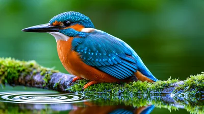 Common Kingfisher Perched On Mossy Branch Above Water