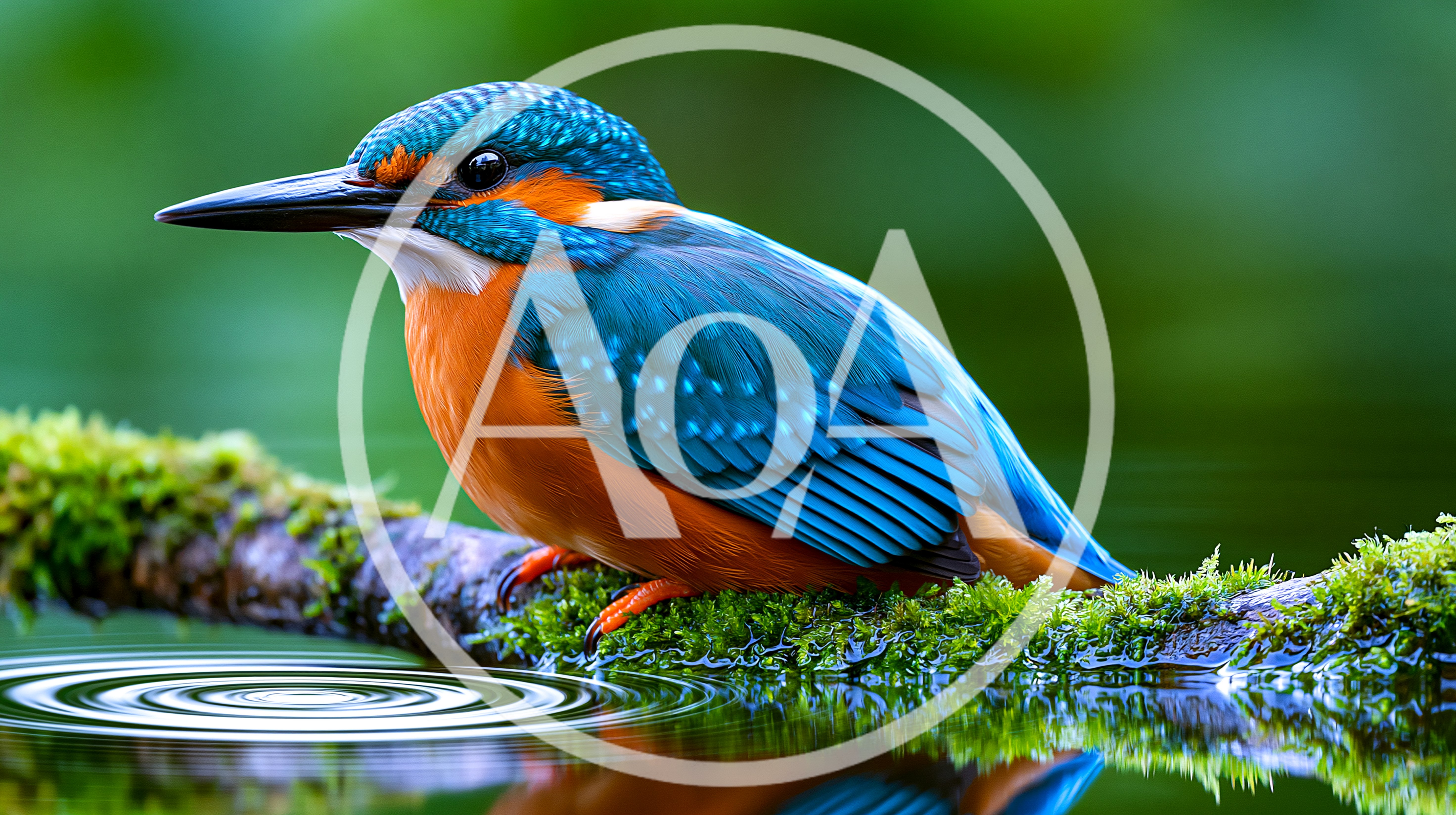 Common Kingfisher Perched On Mossy Branch Above Water