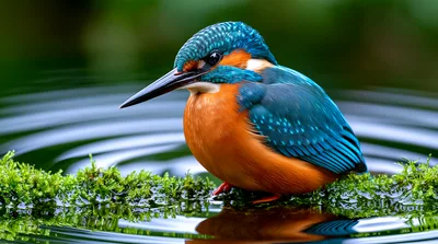 Common Kingfisher Perched On Mossy Branch Above Water