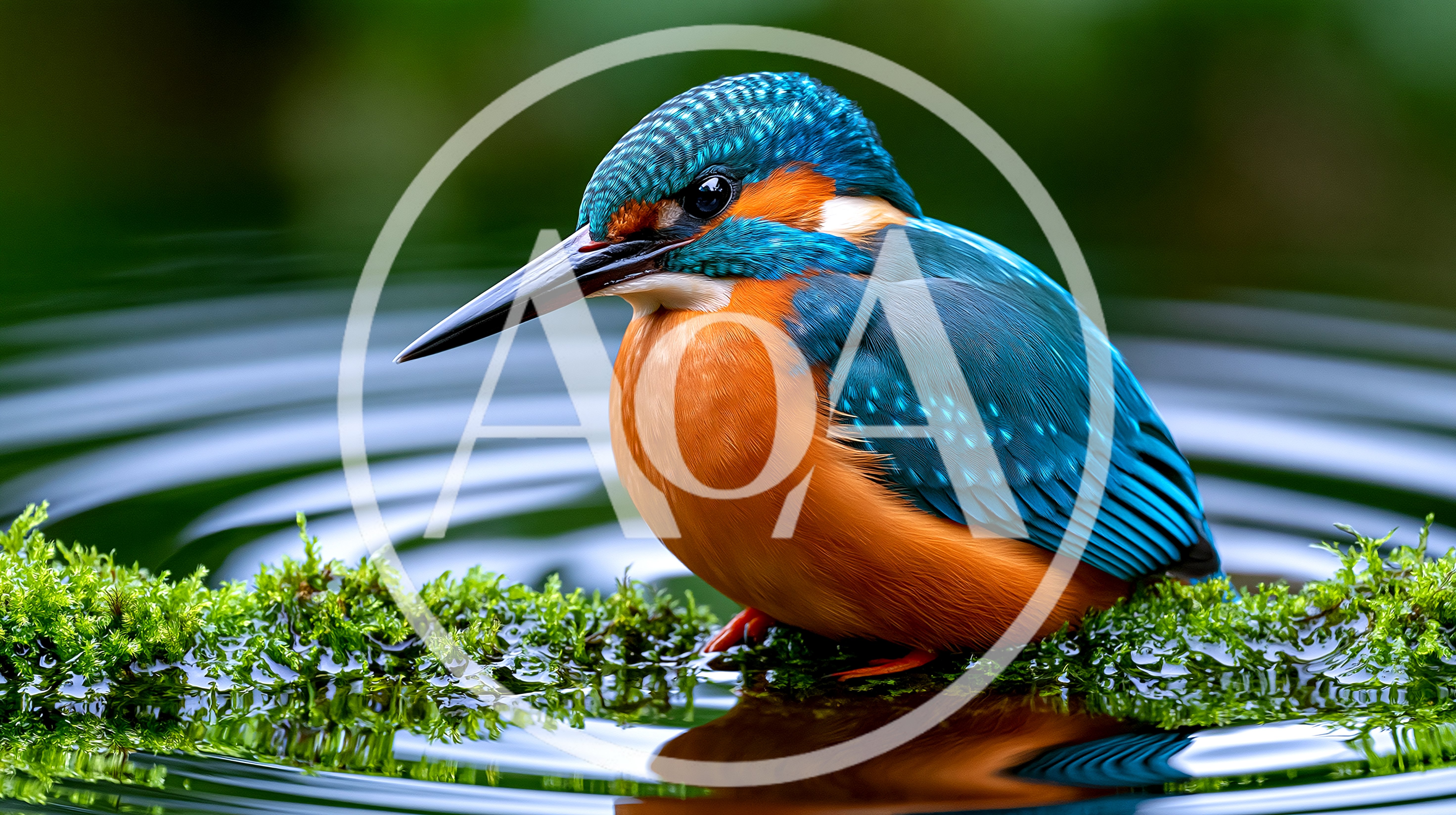 Common Kingfisher Perched On Mossy Branch Above Water