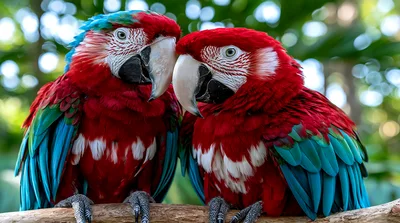 Two Vibrant Red Macaws Perched Together
