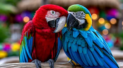 Two Vibrant Macaws Perched Together On A Branch