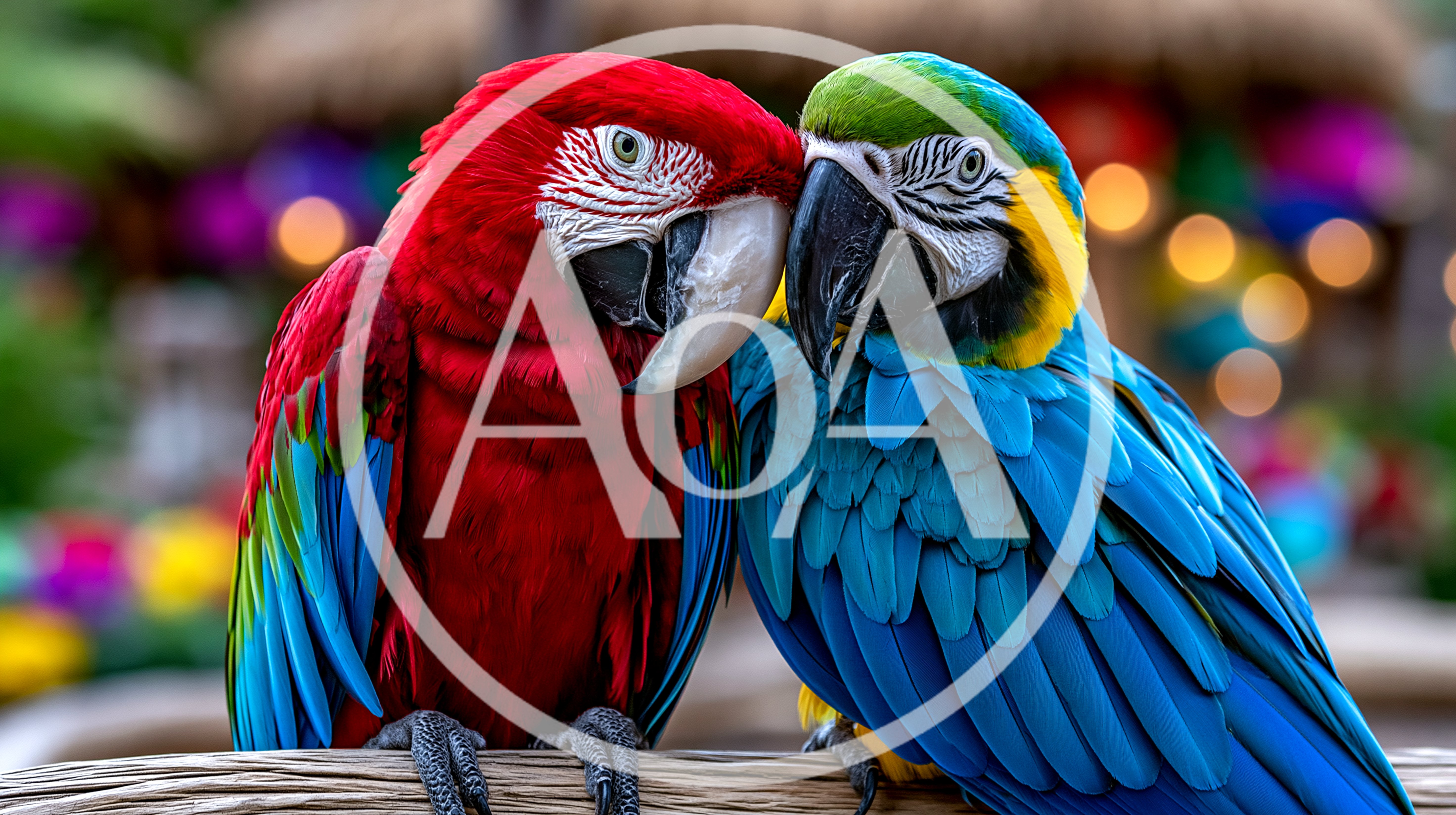 Two Vibrant Macaws Perched Together On A Branch
