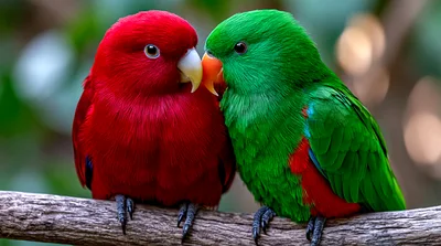 Pair Of Eclectus Parrots Perched On A Branch