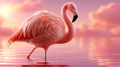 Pink Flamingo Standing In Calm Water At Sunset