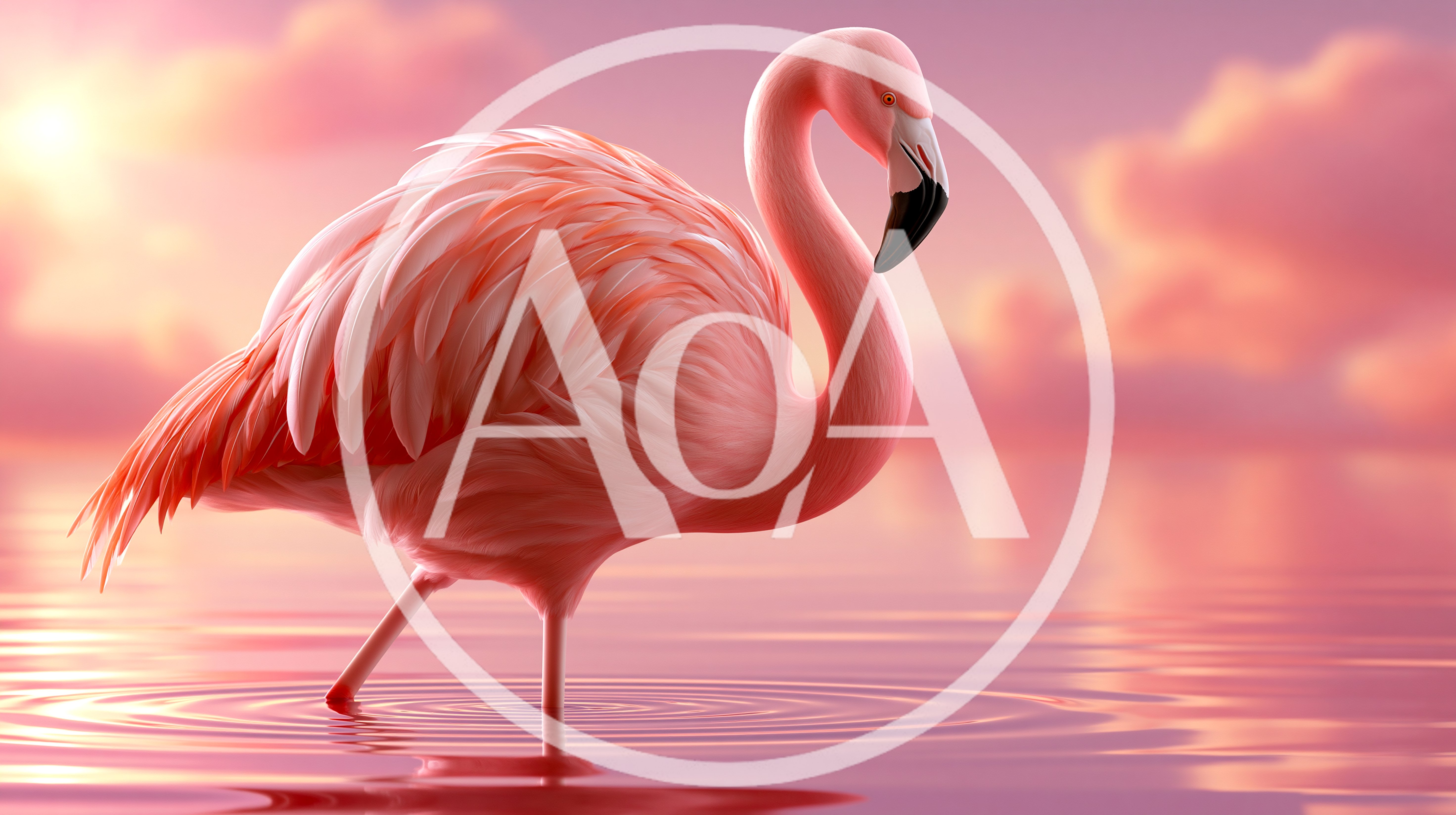 Pink Flamingo Standing In Calm Water At Sunset