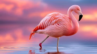 Pink Flamingo Standing In Calm Water At Sunset