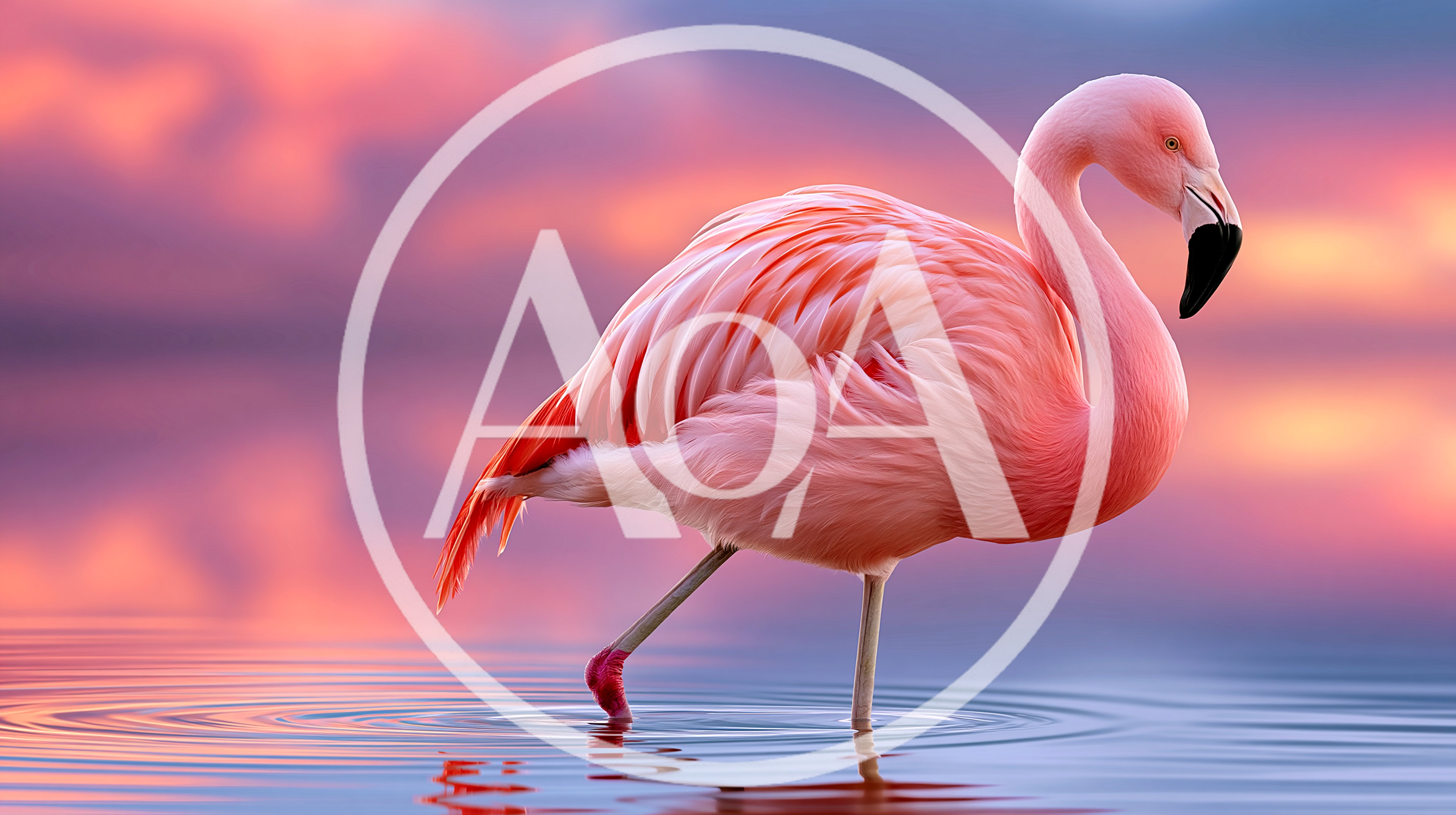 Pink Flamingo Standing In Calm Water At Sunset