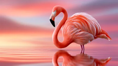 Pink Flamingo Standing In Calm Water At Sunset