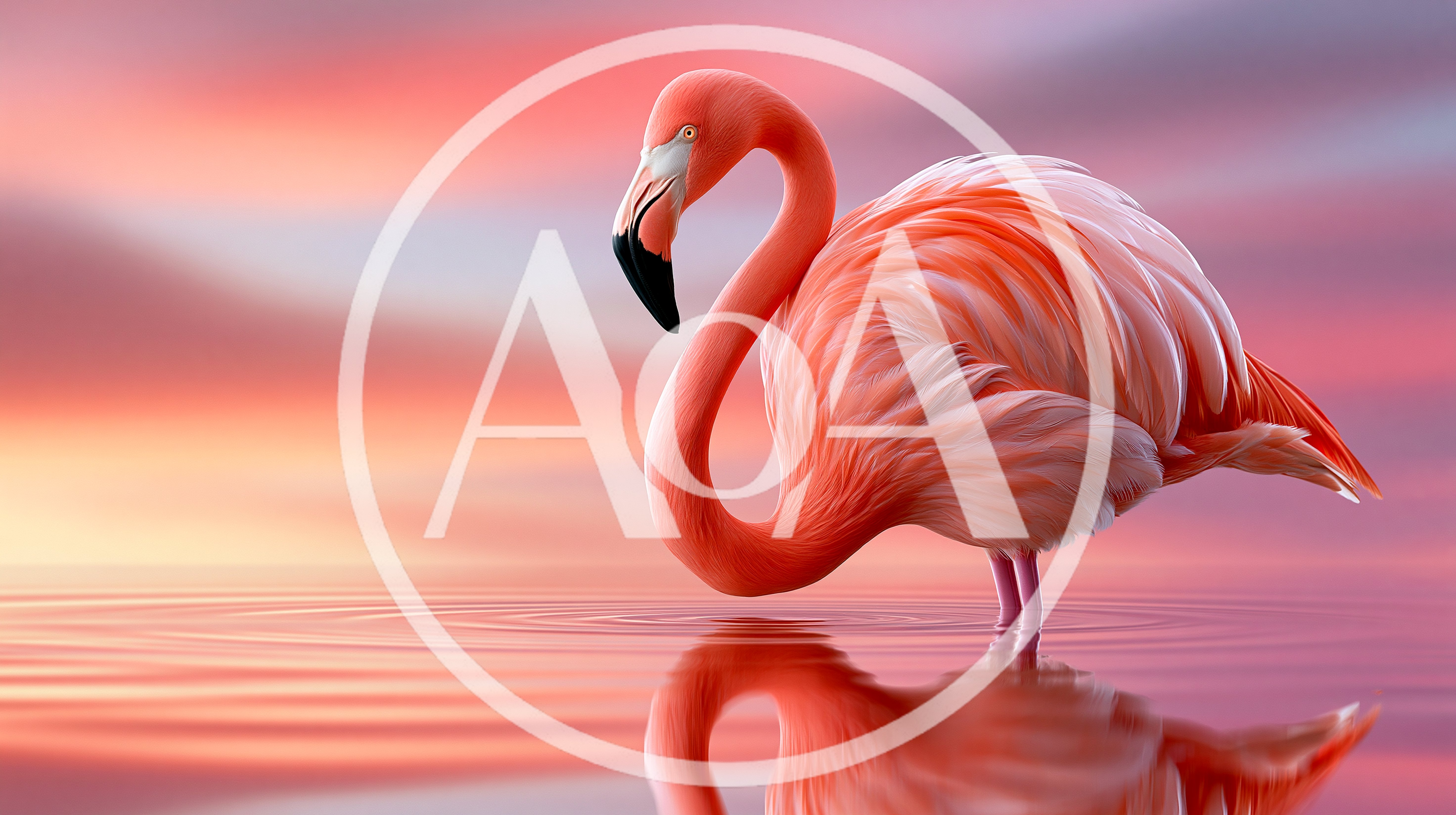 Pink Flamingo Standing In Calm Water At Sunset