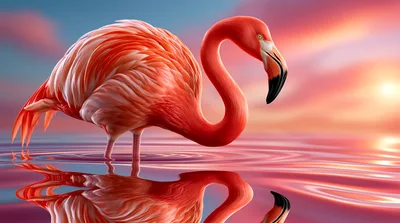 Vibrant Flamingo Standing In Calm Pink Water At Sunset