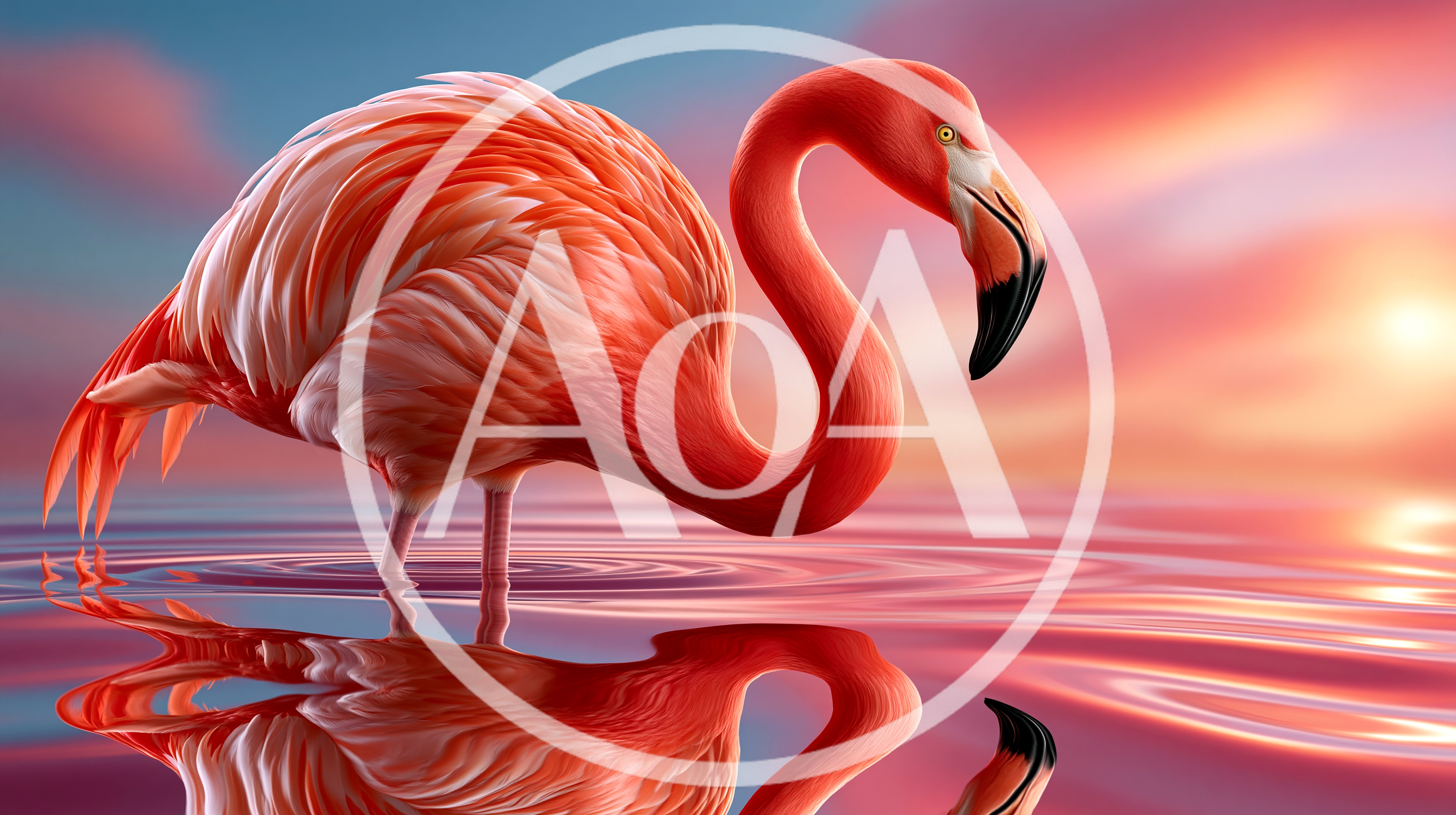 Vibrant Flamingo Standing In Calm Pink Water At Sunset