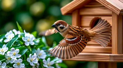 Eurasian Tree Sparrow Flying From Wooden Birdhouse