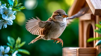 House Sparrow Flying Near A Wooden Birdhouse