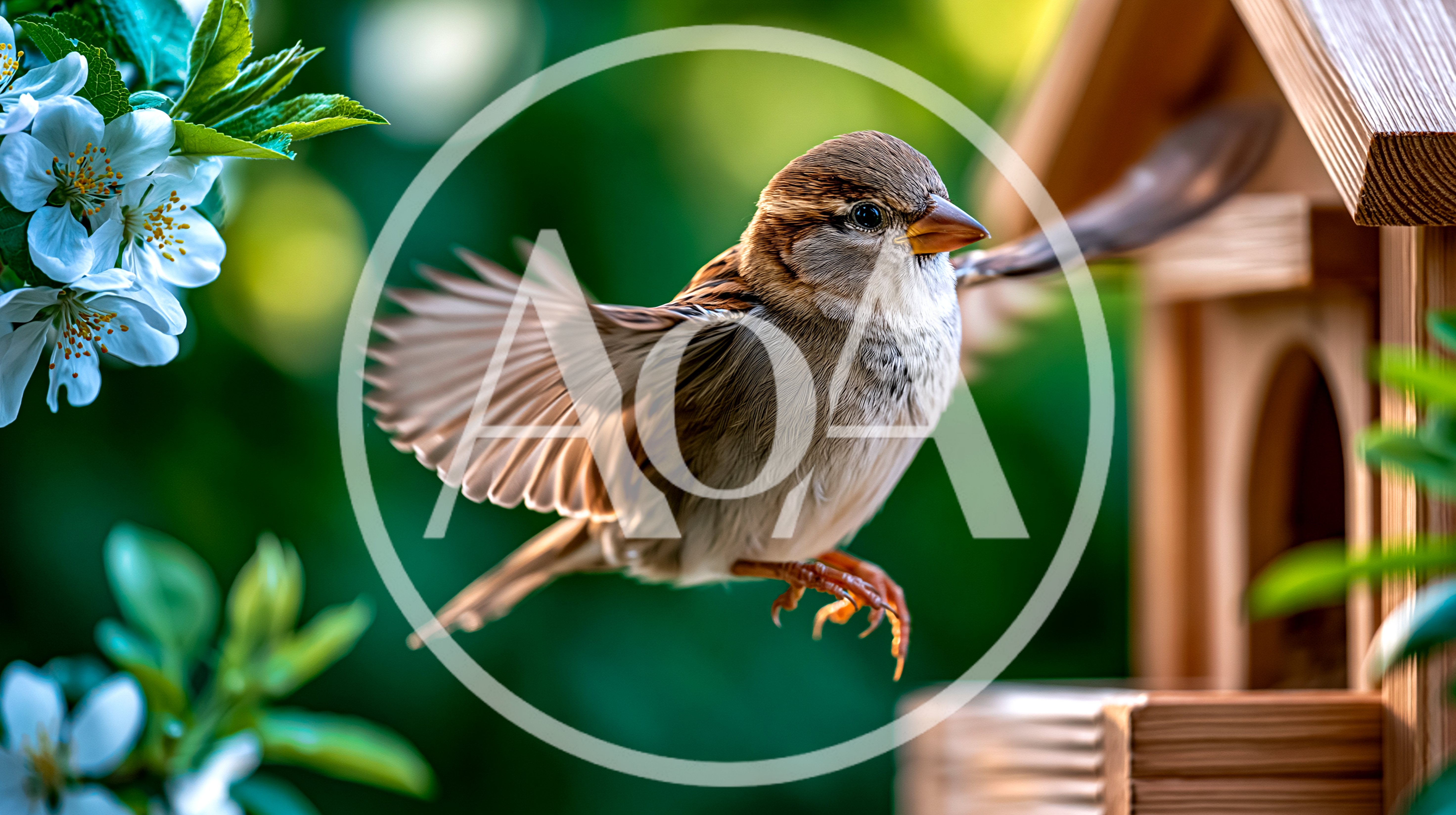 House Sparrow Flying Near A Wooden Birdhouse