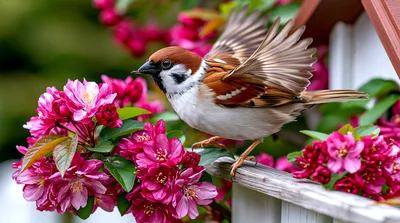 Eurasian Tree Sparrow Perched on Wooden Birdhouse