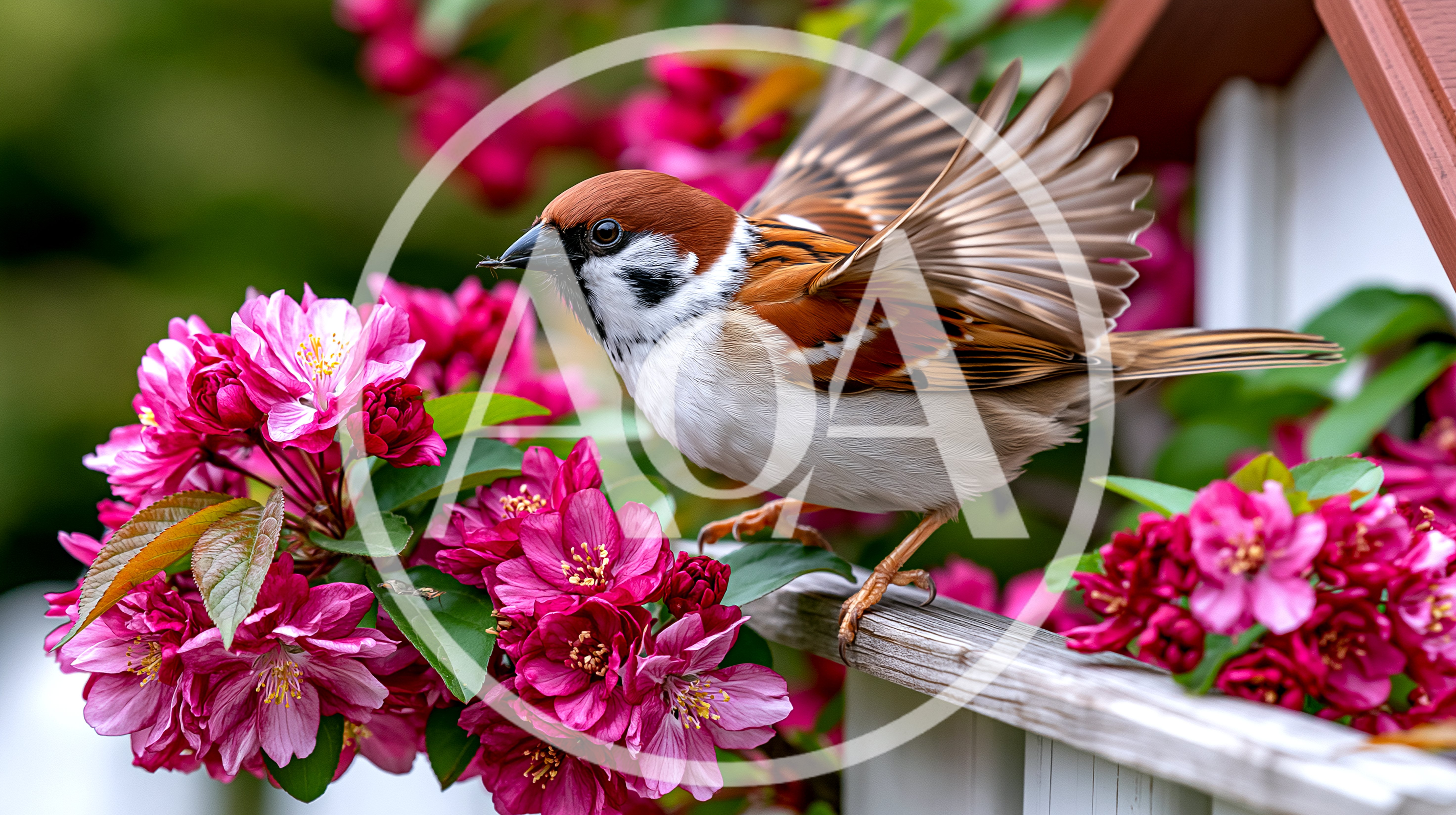 Eurasian Tree Sparrow Perched on Wooden Birdhouse