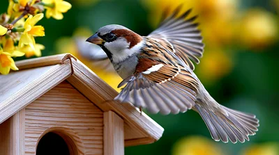 House Sparrow Landing On A Wooden Birdhouse