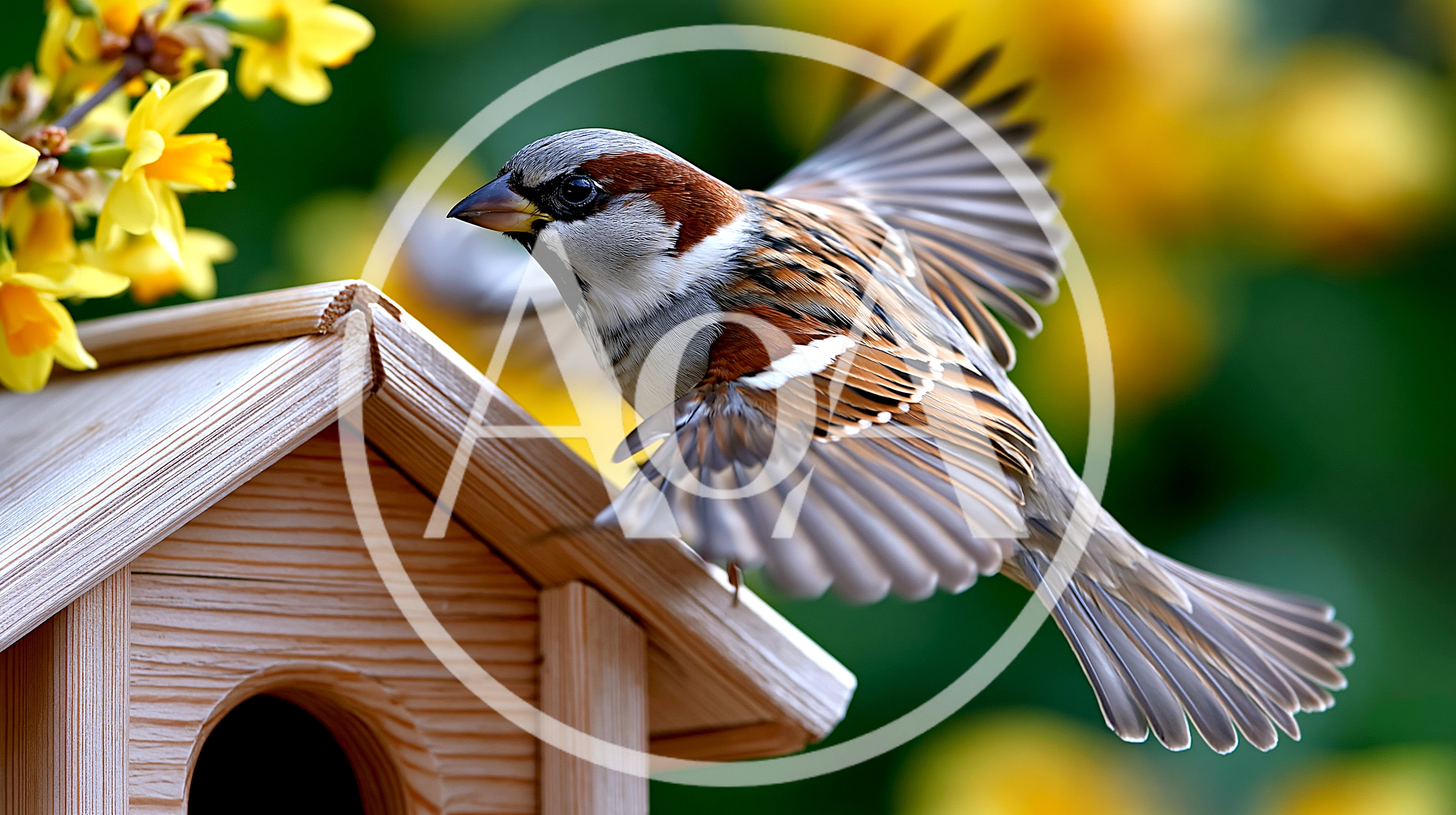 House Sparrow Landing On A Wooden Birdhouse