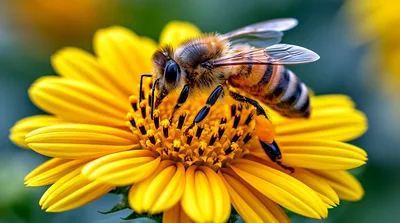 Honey Bee Foraging On A Bright Yellow Sunflower