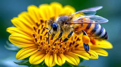 Honey Bee Collecting Pollen On A Yellow Sunflower